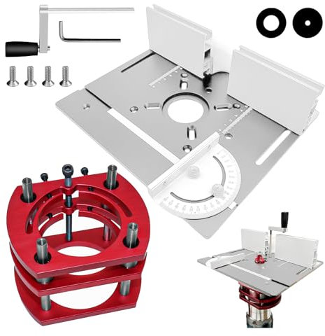Frästisch für Oberfräse Einlegeplatte Set, OberfräSentisch und Tischfräsmaschine, Router Table, Planfräsvorrichtung, Maximum Lift 51mm, TischfräSe zum Nuten Zapfenschneiden BesäUmen(Silber+Rot)