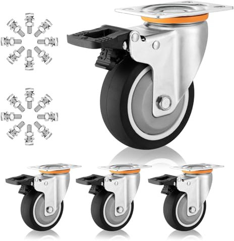 75mm 100mm 125mm Schwerlast Bockrollen Lenkrollen Mit Bremse 4 Stück, 360 Grad Drehbar Industrie Plattenrollen Für Möbel, Keine Spuren & Leise Thermoplastischer Gummi Ersatz Rollen(Brake+Brake,125mm/5