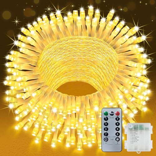 YIFMOO Lichterkette Außen Batterie, 10M 100LED Weihnachtsbeleuchtung Innen | 8 Modi & Timer Warmweiß Lichterkette mit Fernbedienung, IP65 Wasserdicht für Zimmer Party Balkon Weihnachtsbaum Deko