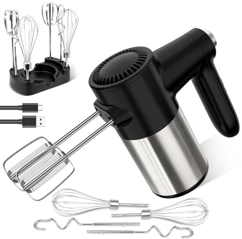 binROC Mezclador de mano inalámbrico, visualización digital, 7 velocidades, recargable por USB, mezclador de mano eléctrico con 6 accesorios de acero inoxidable, batidores, ganchos de masa y base