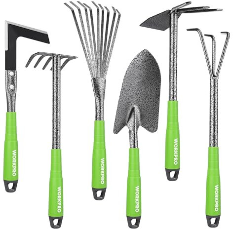 WORKPRO Gartenwerkzeug Set, 6 in 1 Gartengeräte Set mit Gehämmerter Oberflächenbehandlung, inkl. Jäter, Rechen, Hacke, Kelle – Robustes Garten Werkzeug Set für Gartenliebhaber