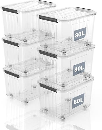 SpaceXpert Scatole portaoggetti con coperchi, scatole di stoccaggio con ruote, in plastica, per casa, ufficio e scuola, scatole di ordine, confezionabili e impilabili, bianco, 80 l (set da 6)