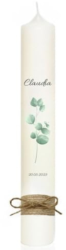 MilaBoo® personalisierte Kommunionkerze I 40 x 4 cm premium Kerze mit RAL I beidseitig bedruckt in Farbe I Made In Germany (Eukalyptus 2)