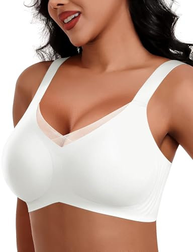 HORISUN Wireless Bras for Women, Non Wired Comfortable Seamless Support Bra Lift Full Coverage Bra Mesh Lace Deep V Plus Size Bralettes (White XL)