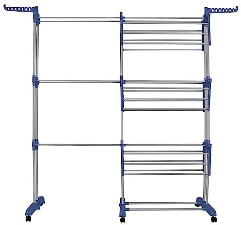 Stendibiancheria pieghevole in acciaio inox ad alta capacità con ruote, design verticale per ampio spazio di asciugatura, due ali laterali (75 126) x 64 x 170 cm, grigio argento