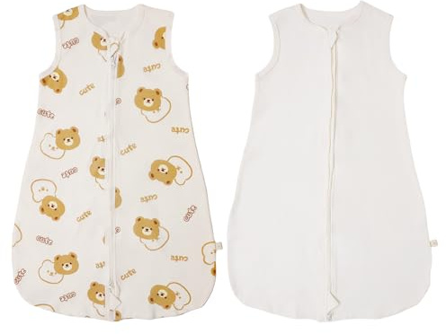 RUIOMII Paquete de 2 Saco Dormir Bebe Verano de 6 a 12 Meses, Suave Saco Dormir Bebe Tog 0.5 de Algodón con Cremallera para Bebés, Osos y Blancos