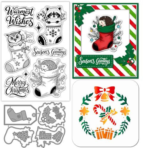 GLOBLELAND Weihnachtsstrumpf Tiere Transparenter Silikonstempel Metallkranz Stanzformen Eule Waschbär Igel Mal Bastelschablonen Für Kartengestaltung Scrapbooking Basteln DIY Prägung