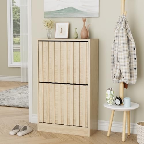 UEV Schuhschrank mit 2 Klappen Holz, Schuhregal Schmal (Natur) | Schuhkipper mit Kippschutz & verstellbaren Trennwände für Flur Eingang Wohnzimmer, Schuhkommode Flurkommode 52x24x86,5cm