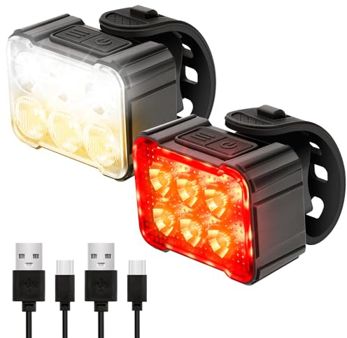 2 Packs USB Rechargeable Bike Light Set, Bicycle Safety Lights Front and Rear with 6+12 Modes, IPX4 Waterproof Headlight and Taillight for Night Riding/Cycling