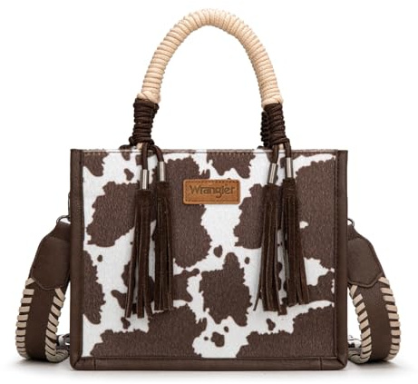 Montana West Wrangler Tragetasche für Damen, Kuh-Druck, Western-Umhängetasche mit geflochtenem Seilgriff, Kaffee, Einheitsgröße