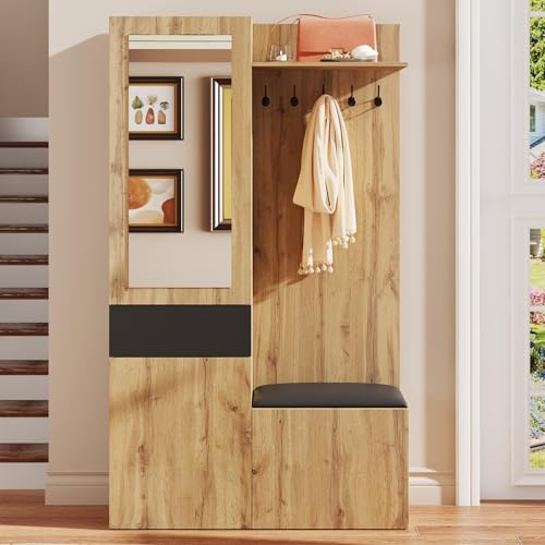 Gxffipw Garderobe Set mit Spiegel und Schuhschrank, Garderobenset mit 5 Garderobenhaken und Sitzbank, Flurgarderoben Set mit Oberen Ablagefächern, Flur möbel, Schwarz+Holzfarbe, 98.5×38×191 cm