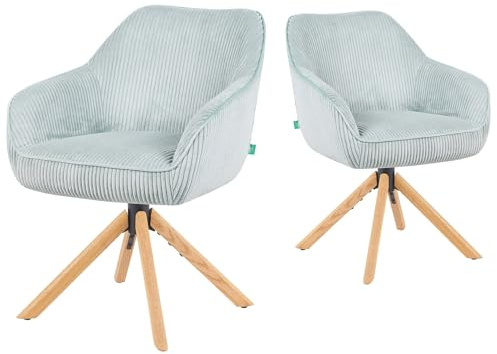 DUBI Möbel Esszimmerstühle 2er Set 360° drehbar mit Rückstellfunktion, Taschenfederkern, hoher Sitzkomfort, bis 150 kg belastbar, Stoff Hellblau, Eiche Massivholzgestell geölt (Natur), Mika-Luis