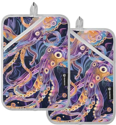 Presine da cucina resistenti al calore, per cucina, guanti da forno con tasca, confezione da 2 – oceano animale animale mare viola brillante oro