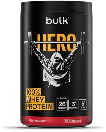 Bulk Hero 100% Whey Protéine en Poudre | Fraise | 910g | 26g Protéine + 3g Créatine | 5g BCAA | Faible en Sucre | Absorption Rapide | Isolat, Hydrolysat & Concentré