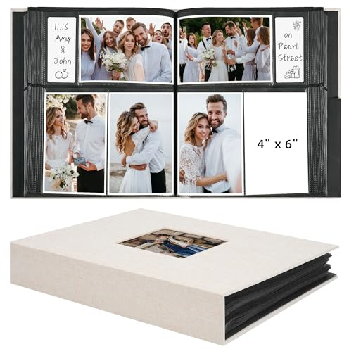 Vienrose Fabric Cover Photo Album 4x6 with Front Window, 300 Picture Pockets and 100 Message Card Slots for Wedding Baby Family, Beige