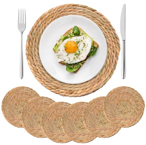 Jonuin Round Woven Placemats, Round Placemats Set of 6, 30cm Natural Water Hyacinth Placemats, Wicker Placemats, Heat Resistant & Non-Slip, Braided Place Mats for Dining Table, Home, Wedding Decor