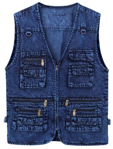 Generisch Gilet di jeans da uomo, casual, in denim, multi tasca, per moto, per attività all'aperto, senza braccio, in jeans, per la pesca, per il tempo libero, per gli uomini, Blu, 5XL