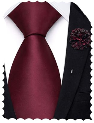 Hi-Tie 160 cm 178 cm extra lange Krawatten für Herren Seide Unifarbene Herren-Krawatten und Blumen-Anstecknadel-Set, burgunderfarben, 63''(160cm)
