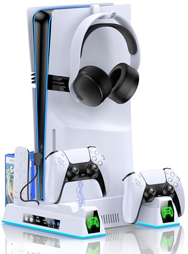 BEBONCOOL HOTS PS5/Slim/Pro Stand with Dual Controller Charger for PlayStation 5 Console, Cooling Station with Adjustable Cooling Fan, 11 Game Disc Slots,Compatible with PS5 Pro/Slim Disc & Digital