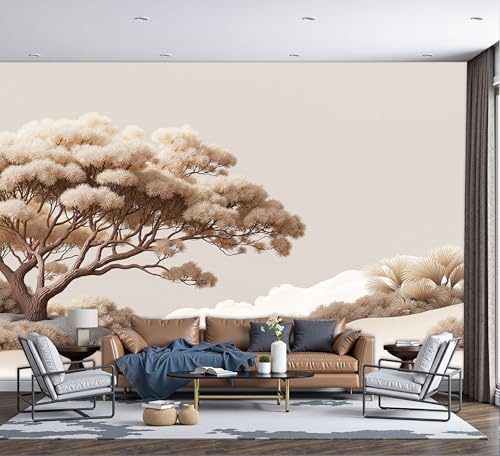 Motif Papier Peint Soie Panoramique Arbres Buissons Dunes De Sable, Papier Peint Dessin Au Trait Nordique, 200x140cm Wallpaper Décoration Murale Pour Salon Chambre Bureau Couloir, Brun Clair