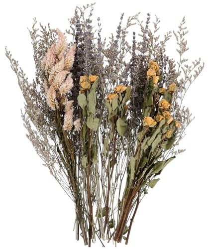 RUNROTOO Manojo de Rosas Secas Naturales Tallos y Hojas de Lavanda Seca, Ramo Decorativo para Bricolaje, Arreglo Floral para Bodas y Decoración de Hogar Rústico