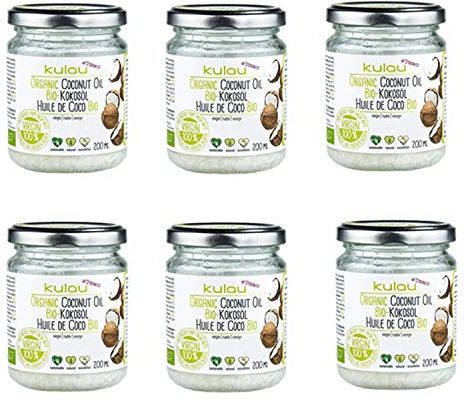 Kulau Bio Kokosöl für Haut & Haar, Kokosfett zum Kochen & Braten, Kokosnussöl nativ & kaltgepresst (6 x 200 ml)