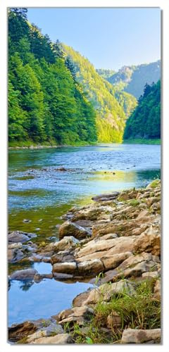 Wallario Selbstklebende Türtapete Fluss in den Bergen an steinigem Ufer - Türposter 100 x 220 cm Abwischbar, rückstandsfrei zu entfernen