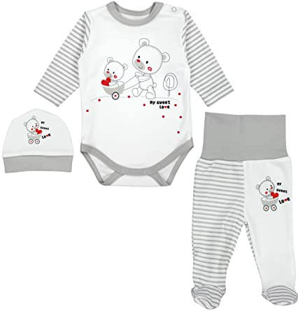 TupTam Conjunto de Ropa Bebés Body y Pantalones y Gorra, Rayas Gris/Oso Corazones, 62