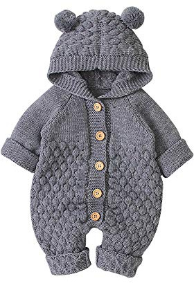 VICROAD Baby Hooded Knitted Rompers Newborn Girls Boys Onesies Warm Sweater Jumpsuit Outfits, Grey, 3-6 Months/66 cm