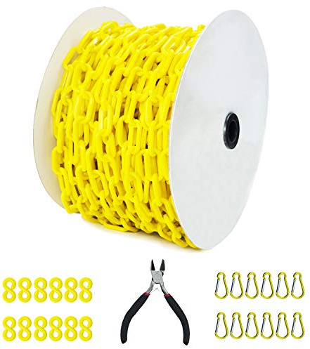 Reliabe1st 125 Feet Yellow Plastic Safety Barrier Chain with 12 S-Hooks | 12 Carabiner Clips | Caution Security Chain Safety Chain for Crowd Control, Construction Sit