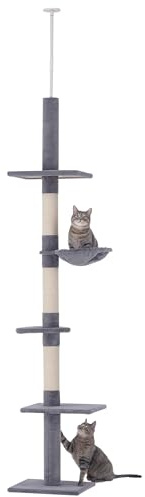 PawHut Arbre Chat du Sol au Plafond, L40 x l 34 x H 230-260 cm Gris | Arbre à Chat Haut, Poteau à Griffer, 5 Niveaux d'Activités, Réglable Fixation Plafond