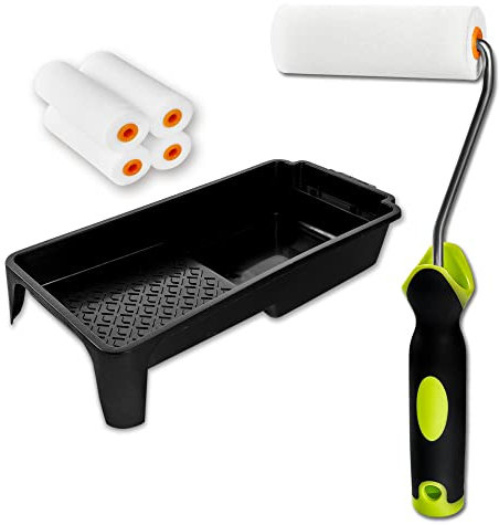Premium Lackierwalze Set inkl. Ersatz Farbwalzen und Farbwanne, Perfekter Farbroller für Lacke aller art, dank hochwertiger Schaumstoffrolle (1 Farbroller + 5 Schaumstoffrollen + 1 Farbwanne)