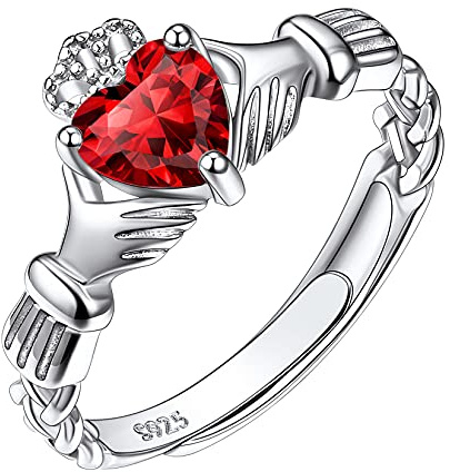 Suplight Anello Claddagh Regolabile Anello Donna Argento 925 Solitrio Cuore Anello Argento Regolabile Granato Anello Regolabile Donna Pietra Gennaio Fede Matrimonio Sposa