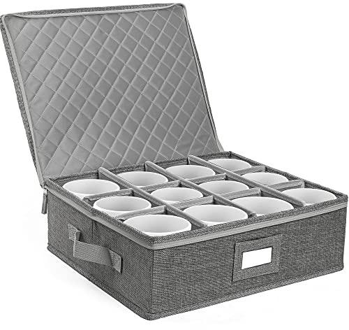 LotFancy Cup and Mug Storage Container, Hard Shell, China Coffee Mug Storage Box for Moving, with Dividers & Handles, Holds 12 Tea Cups, Grey