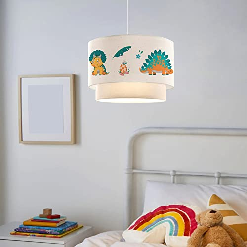 lux.pro Kinderzimmer Lampe Lurgan Deckenleuchte E27 LED-geeignet Hängelampe mit Stoffschirm doppelt Dinosaurier-Motiv 70 cm hoch Weiß