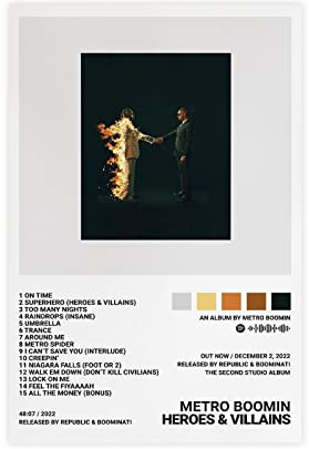 FABIVA Metro Boomin-Poster, Helden und Bösewichte, Albumcover, Leinwand-Poster, Schlafzimmer, Wohnzimmer, Büro, Dekoration, Geschenk, ungerahmt, 30 x 45 cm