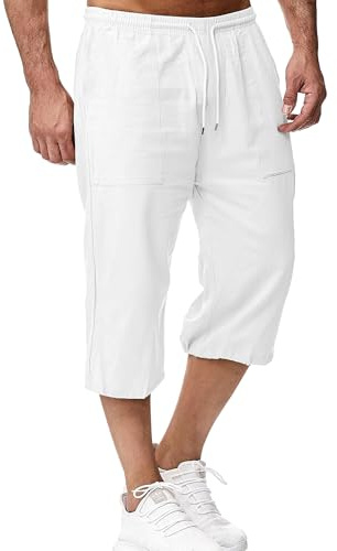 LVCBL Short en Lin pour Homme, Longueur 3/4, Pantalon d'été, pour la Plage, Le Yoga, Le Jogging, Décontracté