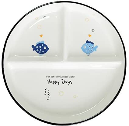 Hoshisea Piatti da Pranzo in Ceramica con Scomparti, Piatto Diviso per Bambini, Pasti, Feste, Snack, Dessert (Motivo Pesce)