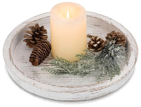 Hanobe Wooden Coffee Table Tray: Round Decorative Wood Serving Trays Rustic White Centerpiece Candle Holder Farmhouse Ottoman Tray for Decor Kitchen Counter Home Decor