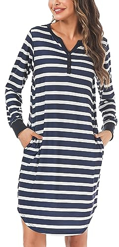 Nieery Nachthemd Damen Lang Streifen Nachtwäsche Langarm Baumwolle Schlafhemd Tasche Nachthend Knielang V-Ausschnitt Sleepshirt mit Knopfleiste Schlafkleid Komfort