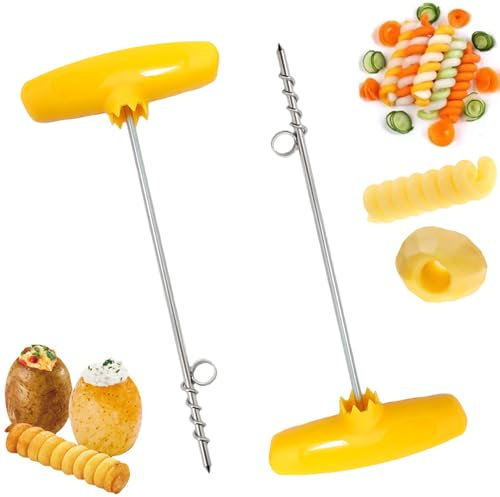 2 Piezas Cuchillo en Espiral para Tallar Verduras, Cortador en Espiral, Cuchillo en Espiral para Frutas y Verduras, Cortador Manual en Espiral para Patatas, Pepino, Zanahoria, Barbacoa(Amarillo)