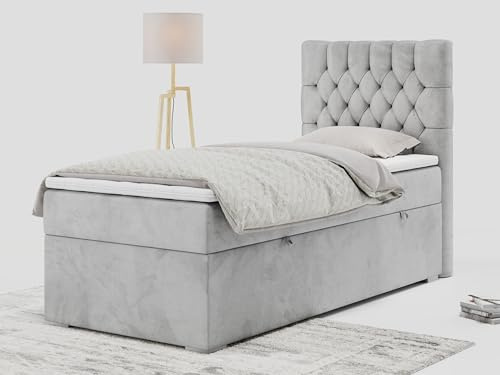 MKS MEBLE Boxspringbett 90x200 mit Matratze, Einzelbett 90x200 mit Bettkasten und Topper, Jugendbett 90x200 mit Stauraum -PERA 90 cm - Hellgrau Velvet - H3 - Rechte Seite