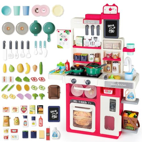 deAO Cocina Juguete,Accesorios Cocina Juguetes con Utensilios De Cocina, Estufa, Fregadero, Sonido Y Luz, Etc,Cocinita Infantil Medidas56*22 * 80Cm Rojo