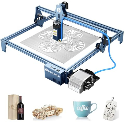 SCULPFUN S9 Laser Graviermaschine, mit air assist, Luftdüse, Laserschneider 90W Effekt, Lasergravierer für Holz metall, Augenschutz, 0,08mm Laser Fixfokus, 410x420mm Arbeitsbereich