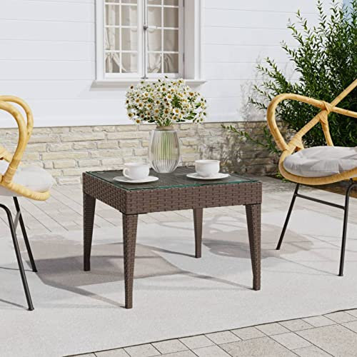 ZEYUAN Beistelltisch, Kleiner Tisch, Sofatisch, Side Table, Laptop Tisch, Pflanzenhocker, Druckertisch, Telefontisch, Sofa Table, Tabletttisch, Braun 50x50x38 cm Poly Rattan und Hartglas