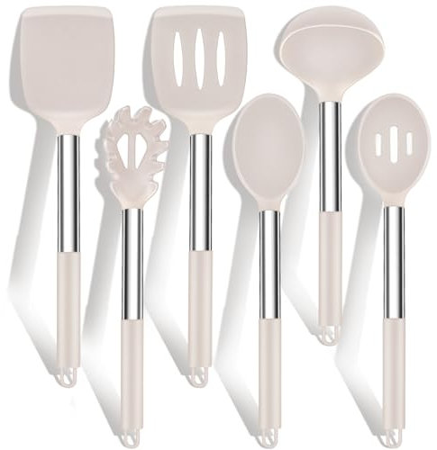 HaWare Set di 6 utensili da cucina in silicone, con manico in acciaio inox, antiaderenti, resistenti al calore, facili da pulire e lavabili in lavastoviglie, colore: cachi