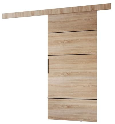 MINIO go for it - Schiebetüren 106 cm, Schiebetür Zimmertür PRIM 2K, Schiebetürsystem, Wandmontage, Türe Innen - Dekorleiste in Sonoma Eiche, Oberblende, Türgriff in Schwarz, Sonoma Eiche/Schwarz