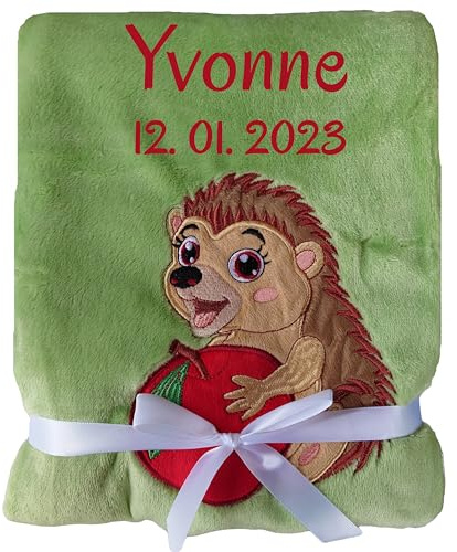 Wuff-Dogsworld Kuschelige Babydecke mit Namen und Geburtsdatum Bestickt, personalisierte Kuscheldecke, viele Motive & Farben, Geschenk zur Geburt für Mädchen & Jungen (grün Igel)
