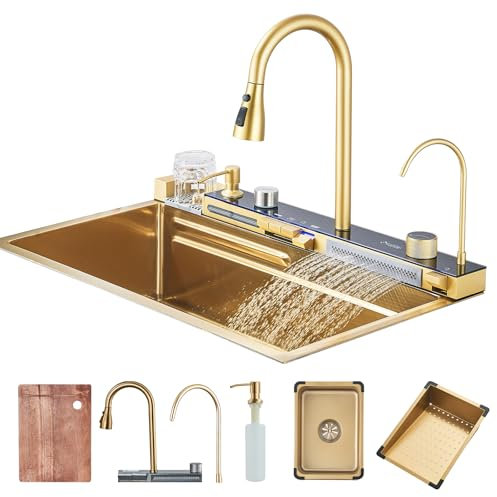 Évier de Cuisine Hevenaov Évier en Acier Inoxydable évier de cuisine or brossé avec robinet extractible et autres accessoires Pour laver les légumes et la vaisselle (75x45cm)