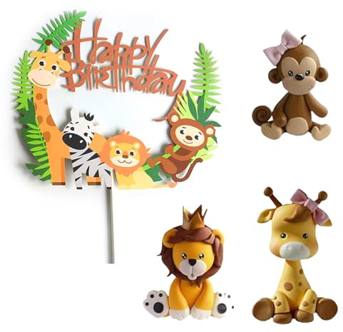 4Pcs Animal Cake Toppers - Safari & Jungle Cake Decorations with Giraffe, Monkey, Tiger for Birthday Parties